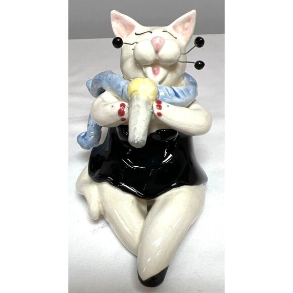 Ceramic Cat Figurine Playing Saxophone With Scarf Ornament - Picture 1 of 3